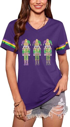Women St Patricks Day V Neck Clover T Shirts Lucky Irish Shamrock Printed Sequin Short Sleeve Tops in Saudi Arabia