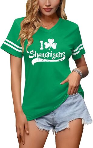 Women St Patricks Day V Neck Clover T Shirts Lucky Irish Shamrock Printed Sequin Short Sleeve Tops in Saudi Arabia
