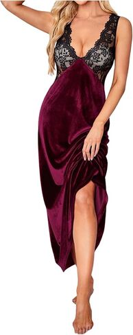 WDIRARA Women's Sexy Lace Backless Velvet Nightgowns Deep V Neck Sleeveless Maxi Night Dress Sleepwear in Saudi Arabia