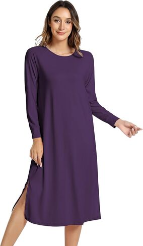 NACHILA Women's Nightgowns-Viscose Made from Bamboo, Long Sleeve Nightshirt Soft Sleepwear Casual Sleep Dress with Pockets in Saudi Arabia