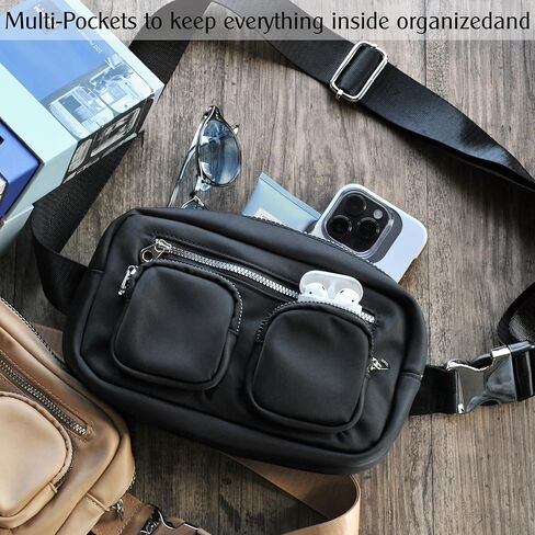 Women's Zipper Pockets Fanny Packs Nylon Waist bag Everywhere Belt bag (Black) in Kuwait