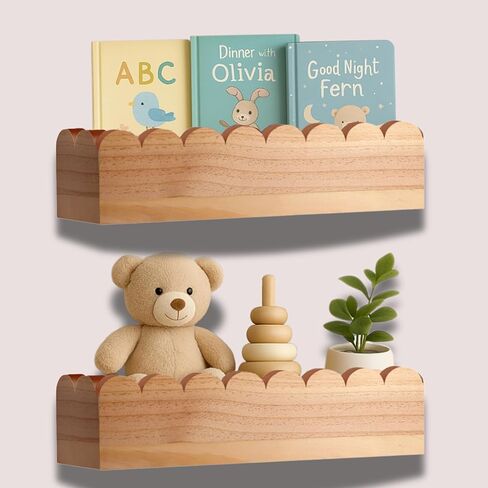 Scalloped Shelves - Set of 2 Pre-Assembled Floating Nursery Book Shelves, 16 Inch Scalloped Natural Wood Floating Book Shelves for Wall - Cloud Shelves for Nursery in Kuwait