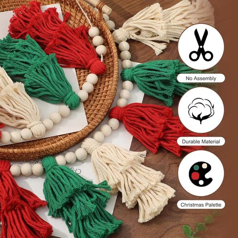 jarThenaAMCS 8.2ft بوهو شجرة عيد الميلاد شرابة إكليل أحمر أخضر عيد الميلاد شرابة راية مع الخرز الخشبي عطلة الجدار شنقا ديكور لعيد الميلاد حزب غرفة نوم الحضانة غرفة اللعب رف جدار ديكور in Kuwait
