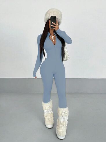 Women Long Sleeve Jumpsuit Zip up Front Workout Bodycon Romper in Saudi Arabia