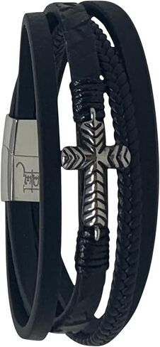 ED HARDY Men's Black Faux Leather Stacked Bracelets with Silver Cross Charm MB0020-42-229 in Saudi Arabia
