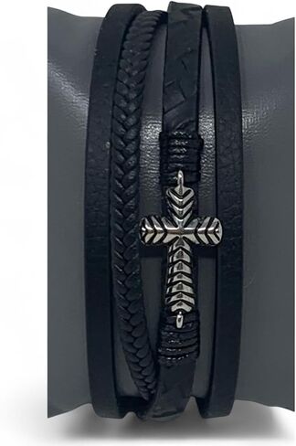 ED HARDY Men's Black Faux Leather Stacked Bracelets with Silver Cross Charm MB0020-42-229 in Saudi Arabia