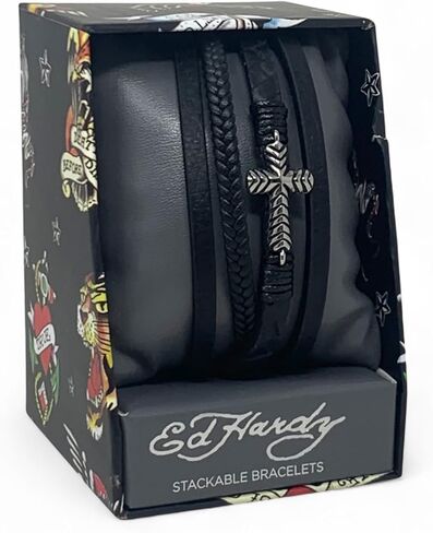 ED HARDY Men's Black Faux Leather Stacked Bracelets with Silver Cross Charm MB0020-42-229 in Saudi Arabia