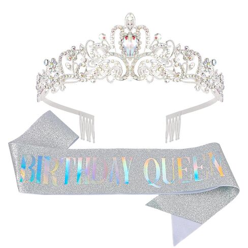 AOPRIE Birthday Crown for Women - Silver Princess Tiara with Rhinestone - Queen Sash - Party Favor in Kuwait