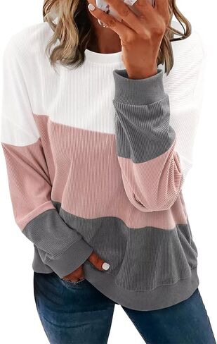 KISSMODA Womens Casual Long Sleeve Sweatshirts Color Block/Solid Tops Corduroy Crewneck Tunic Pullover with Pockets in Kuwait