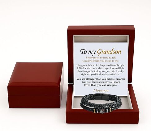 سوار LUXUS™ To My Grandson - "لا تنسى أنني أحبك أبدًا" سوار هدية عاطفية من الجدة، سوار رجالي من الجلد الأسود مع بطاقة رسالة. in Kuwait