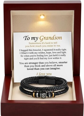 سوار LUXUS™ To My Grandson - "لا تنسى أنني أحبك أبدًا" سوار هدية عاطفية من الجدة، سوار رجالي من الجلد الأسود مع بطاقة رسالة. in Kuwait