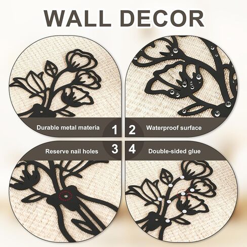 zoes homdeco 4 قطع معدنية الزهور جدار الفن الحديث مزرعة ديكور أسود ديكور جدار الحمام، هدايا هووسورمينغ لغرفة المعيشة المطبخ غرفة نوم غرفة الطعام مكتب in Kuwait