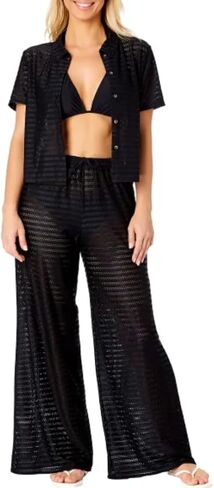 Hurley Women's 2 Piece Crochet Swim Cover Up Set, Short Sleeve Top and Pant (Black, Small) in Saudi Arabia