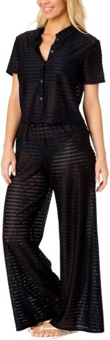 Hurley Women's 2 Piece Crochet Swim Cover Up Set, Short Sleeve Top and Pant (Black, Small) in Saudi Arabia
