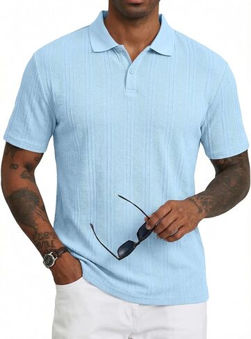JMIERR Mens Polo Shirt Textured Short Sleeve Summer Button Collar Knitted Golf Polos in Kuwait