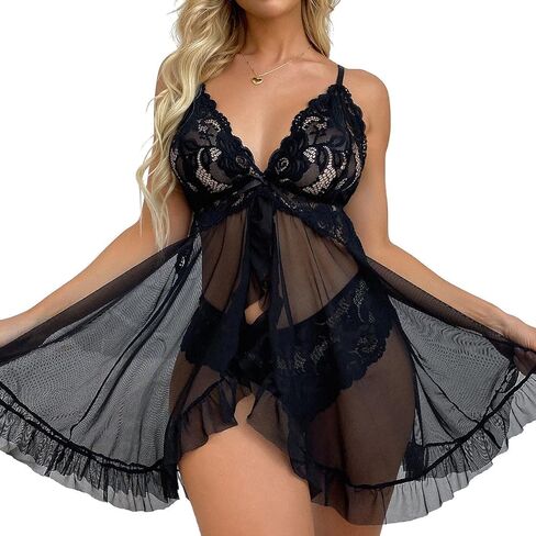 Women Sexy Lingerie Open Front Babydoll Dress Lace Chemise Sleepwear Mesh Nightgown with Thong in Saudi Arabia