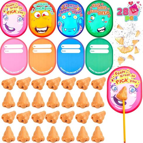 JOYIN 28 pcs I Pick Your Nose Pencil and Sharpener with Valentines Greeting Cards for Kids Party Favor, Classroom Exchange Prizes in Saudi Arabia