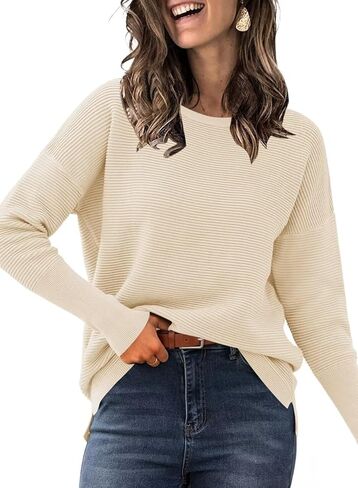 Wkior Womens Crewneck Pullover Sweater Long Sleeve Knit Side Slit 2025 Fall Winter Batwing Sweater Tops in Kuwait