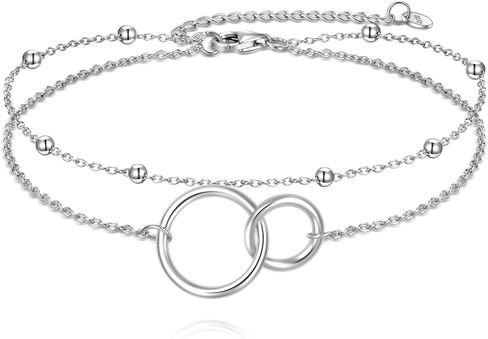 925 Sterling Silver Layered Anklets for Women Tree of Life/Double Heart/Interlocking Circle Charm Ankle Bracelets with Zircon in Saudi Arabia