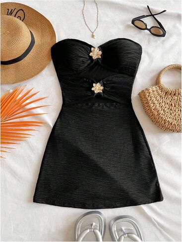 Milumia Women's Metal Flower Cut Out Tube Top Mini Dress Textured Sleeveless Bodycon Party Club Vacation Dresses in Saudi Arabia