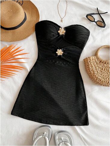 Milumia Women's Metal Flower Cut Out Tube Top Mini Dress Textured Sleeveless Bodycon Party Club Vacation Dresses in Saudi Arabia