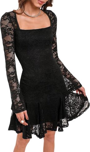 HYPERFIRE Women's Square Neck Floral Lace Mini Dress Flowy Short Dress Mesh Night Out Dresses Club Outfit in Saudi Arabia