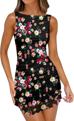 Caracilia Women Sexy Mesh Ruched Mini Dress 2026 Summer Sleeveless Bodycon Boat Neck Club Party Cocktail Short Dresses in Saudi Arabia