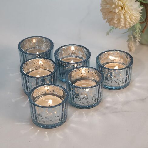 Round Clear Votive Candle Holders Set of 12, Purple Wedding Centerpiece Table Decorations, Mercury Glass Tealight Candle Holder for Bridal Shower, Baby Shower & Home Decor (Blue) in Saudi Arabia