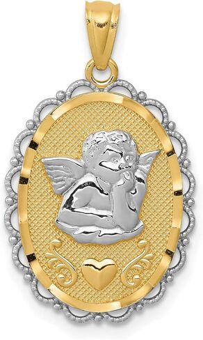 Guardian Angel Cherub Pendant - Religious Jewelry 14k Gold Guardian Angel Charm, Cherub with Hand on Chin, 26x16mm Oval in 14k Two-Tone Yellow Gold, Spiritual Protection Charm in Saudi Arabia
