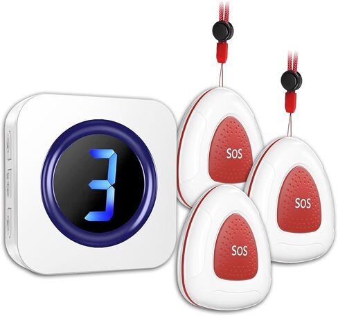 Caregiver Pager Wireless Call Bell Alert Button for Seniors/Elderly/Patients 1 Plugin LED Digital Display Receiver 1 SOS Waterproof Transmitter Bell Can DIY Expand Quantity… in Kuwait