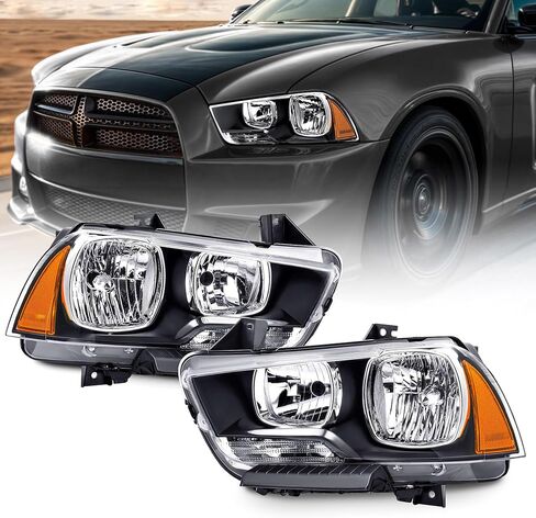 مجموعة المصابيح الأمامية متوافقة مع 2011 2012 2013 2014 دودج تشارجر هالوجين للسائق والركاب، غطاء كروم من الجانب الكهرماني in Kuwait