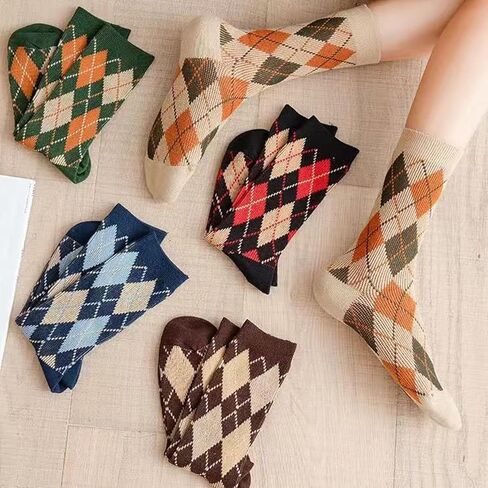 RosyClouds Classic Argyle Crew Socks for Women, Vintage Diamond Pattern Cotton Casual Socks 5 Pair Pack in Kuwait