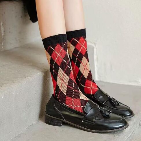 RosyClouds Classic Argyle Crew Socks for Women, Vintage Diamond Pattern Cotton Casual Socks 5 Pair Pack in Kuwait