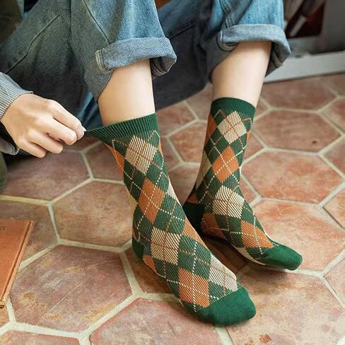 RosyClouds Classic Argyle Crew Socks for Women, Vintage Diamond Pattern Cotton Casual Socks 5 Pair Pack in Kuwait