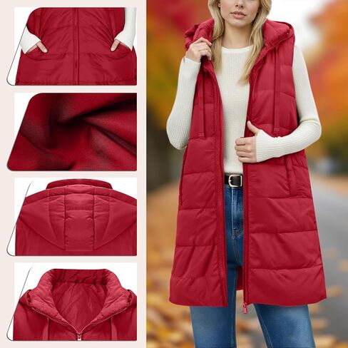 Long Puffer Vest Women Winter Warm Outerwear Quilted Jackets with Hood Sleeveless Cold Weather Coats Travel Outfits in Saudi Arabia