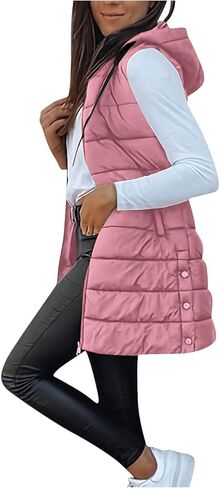 Long Puffer Vest Women Winter Warm Outerwear Quilted Jackets with Hood Sleeveless Cold Weather Coats Travel Outfits in Saudi Arabia