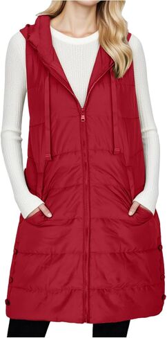 Long Puffer Vest Women Winter Warm Outerwear Quilted Jackets with Hood Sleeveless Cold Weather Coats Travel Outfits in Saudi Arabia