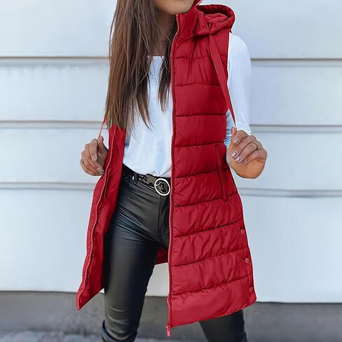 Long Puffer Vest Women Winter Warm Outerwear Quilted Jackets with Hood Sleeveless Cold Weather Coats Travel Outfits in Saudi Arabia