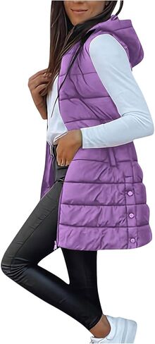 Long Puffer Vest Women Winter Warm Outerwear Quilted Jackets with Hood Sleeveless Cold Weather Coats Travel Outfits in Saudi Arabia