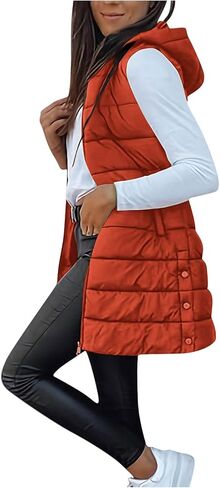 Long Puffer Vest Women Winter Warm Outerwear Quilted Jackets with Hood Sleeveless Cold Weather Coats Travel Outfits in Saudi Arabia