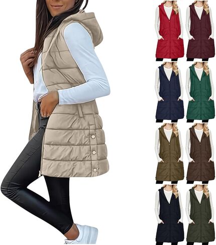 Long Puffer Vest Women Winter Warm Outerwear Quilted Jackets with Hood Sleeveless Cold Weather Coats Travel Outfits in Saudi Arabia