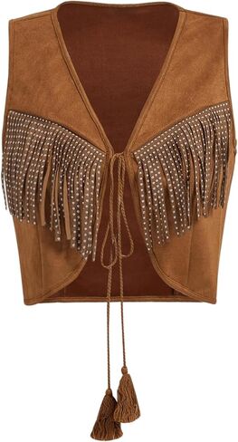 OYOANGLE Women's Studded Fringe Trim Tie Front Vest Top Boho Outfits 70s Hippie Western Cowgirl Sleeveless Jacket Outerwear in Saudi Arabia