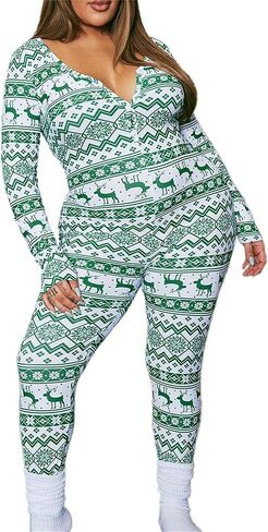 Christmas Onesies For Women One Piece Pajamas Sexy Button Down Pattern Print Bodycon Jumpsuit Bodysuit Sleepwear in Kuwait