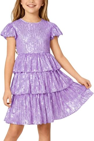 WELAKEN Girls Sequin Dress Glittering Flutter Sleeve Tiered Layer Birthday Party Dresses in Kuwait