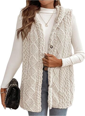 WDIRARA Women's Fuzzy Hooded Vest Outerwear Button Down Sleeveless Furry Coat in Saudi Arabia