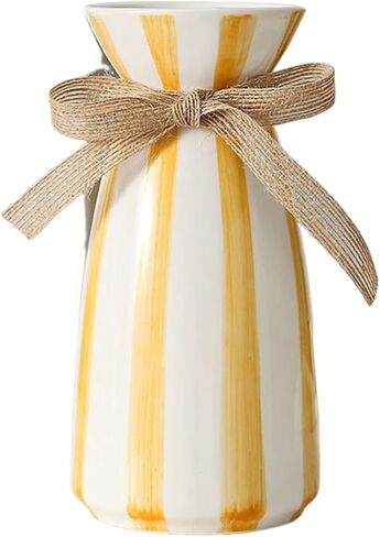 Ceramic Vases - Flower Vase, Home Decor Ceramic Vase, Living Room Bedroom Dining Room Office Bookshelf Decor (White with Yellow Stripe) in Saudi Arabia