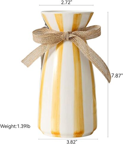 Ceramic Vases - Flower Vase, Home Decor Ceramic Vase, Living Room Bedroom Dining Room Office Bookshelf Decor (White with Yellow Stripe) in Saudi Arabia