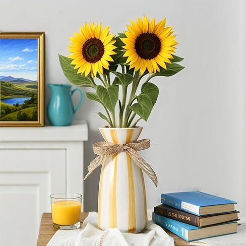 Ceramic Vases - Flower Vase, Home Decor Ceramic Vase, Living Room Bedroom Dining Room Office Bookshelf Decor (White with Yellow Stripe) in Saudi Arabia