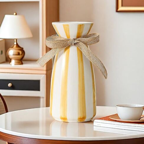 Ceramic Vases - Flower Vase, Home Decor Ceramic Vase, Living Room Bedroom Dining Room Office Bookshelf Decor (White with Yellow Stripe) in Saudi Arabia