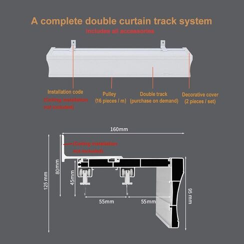 Customizable 3-in-1 Double Curtain Track System, Ceiling-Mounted Sliding Rail with Baffle, 540cm (17.7ft) Double Rail Box Pelmet for Easy Installation in Saudi Arabia